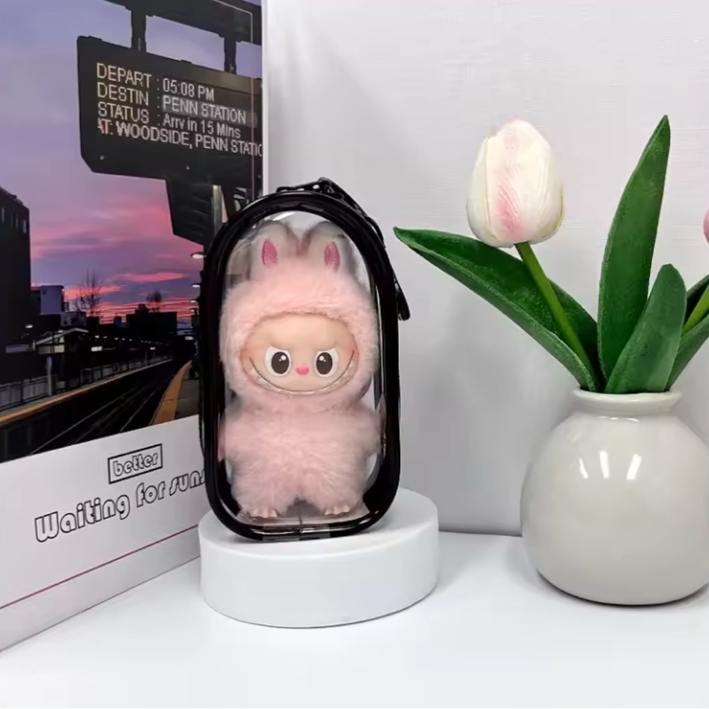 Protective Case for Labubu Doll w/ Pom poms and black zipper